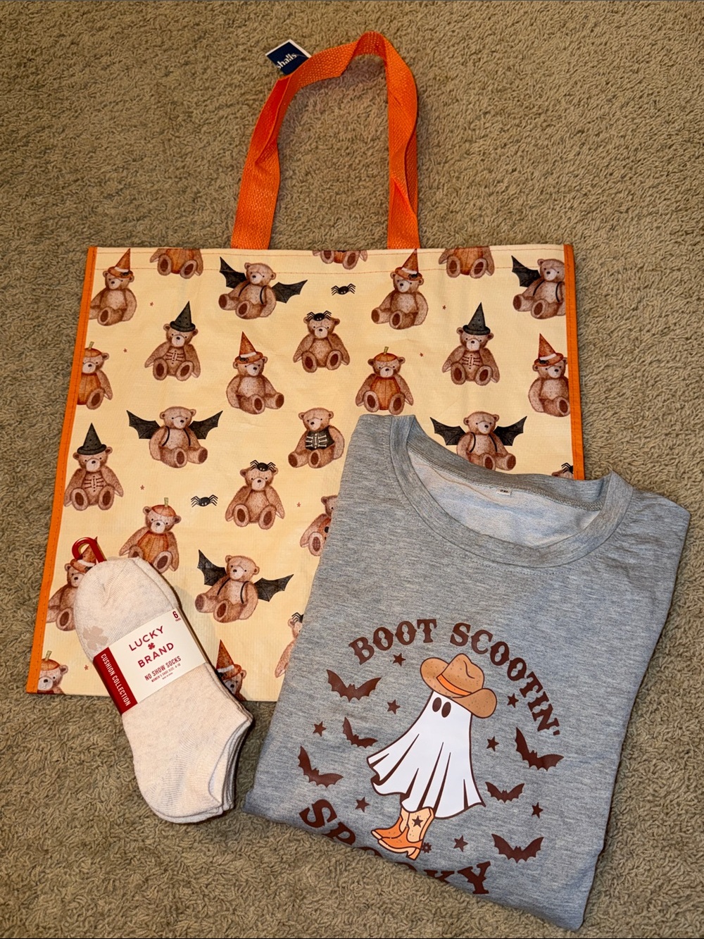 Halloween tote, Lucky Brand no show socks, Long sleeve shirt